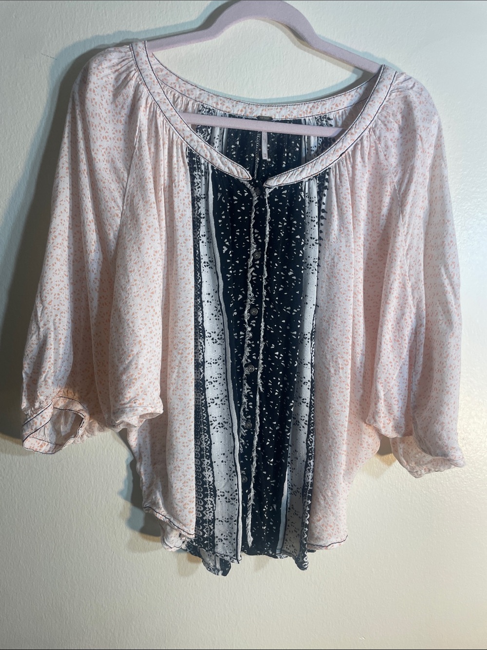 Free People Light Pink Printed Peasant Blouse with Black Center Panel